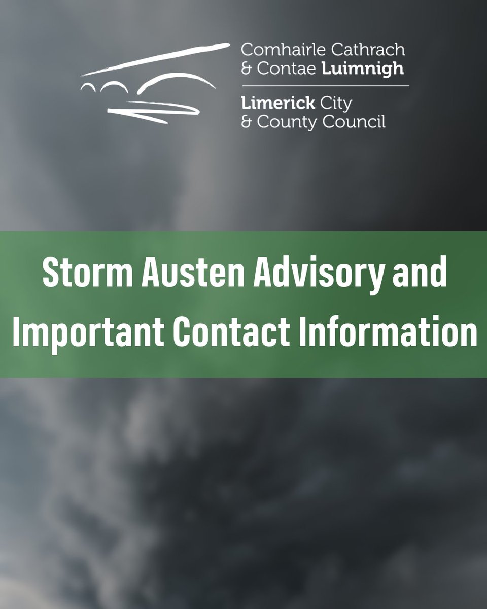 LimerickCouncil's tweet photo. 📢 Storm Austen Advisory and Important Contact Information.

Limerick is currently included in a nationwide Status Yellow warning for rain and wind, valid from 7pm on Thursday, 22 October until 10am on Friday, 23 October.

Members of the public are advised to be alert for fallen trees, branches and other debris on roads and footpaths overnight tonight and into Friday morning.

#Limerick #StormAusten