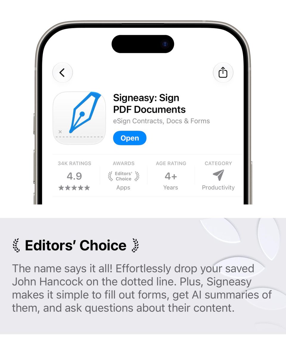 GetSigneasy's tweet photo. Signeasy is now an App Store Editors’ Choice app in the US!

Even better? We’re the first eSignature app on the App Store to receive this recognition.

A big moment for Signeasy and an even bigger shoutout to the people who made it possible.

Let the celebrations continue! 🎉

#signeasy #OnTheAppStore #AppleEditorsChoice