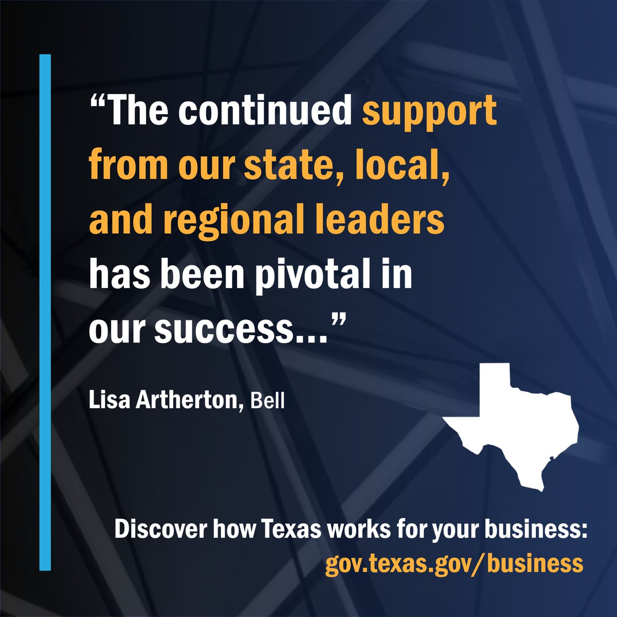 TexasEconDev's tweet photo. 𝗪𝗵𝘆 𝗧𝗲𝘅𝗮𝘀? Texas is where industries find the partnerships needed to help new ventures take flight. Discover how Texas works for your business: https://t.co/nSBxDGZtJu

@Textron I @FortworthEDP https://t.co/G5Yabmbll3
