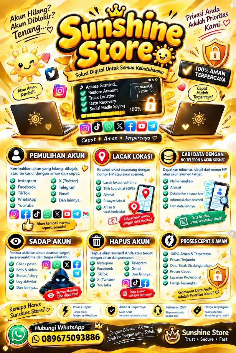 aureattes's tweet photo. All Jasa Digital ☀️Sunshine_Store☀️

👻JASA HAPUS AKUN 
👻JASA PEMULIHAN DAN BALIKIN AKUN LUPA PASWORD/KE HACK
👻JASA LACAK LOKASI
👻JASA SADAP WA
👻JASA LACAK HP HILANG BY NO HP/IMEI
👻JASA HACK/PEMULIHAN AKUN (EMAIL,IG,WA,TWITER/X, FB,TIKTOK)
#zonauang
☎️Wa Di Bio Fast Respon☎️ https://t.co/9Ag9jgYxE4