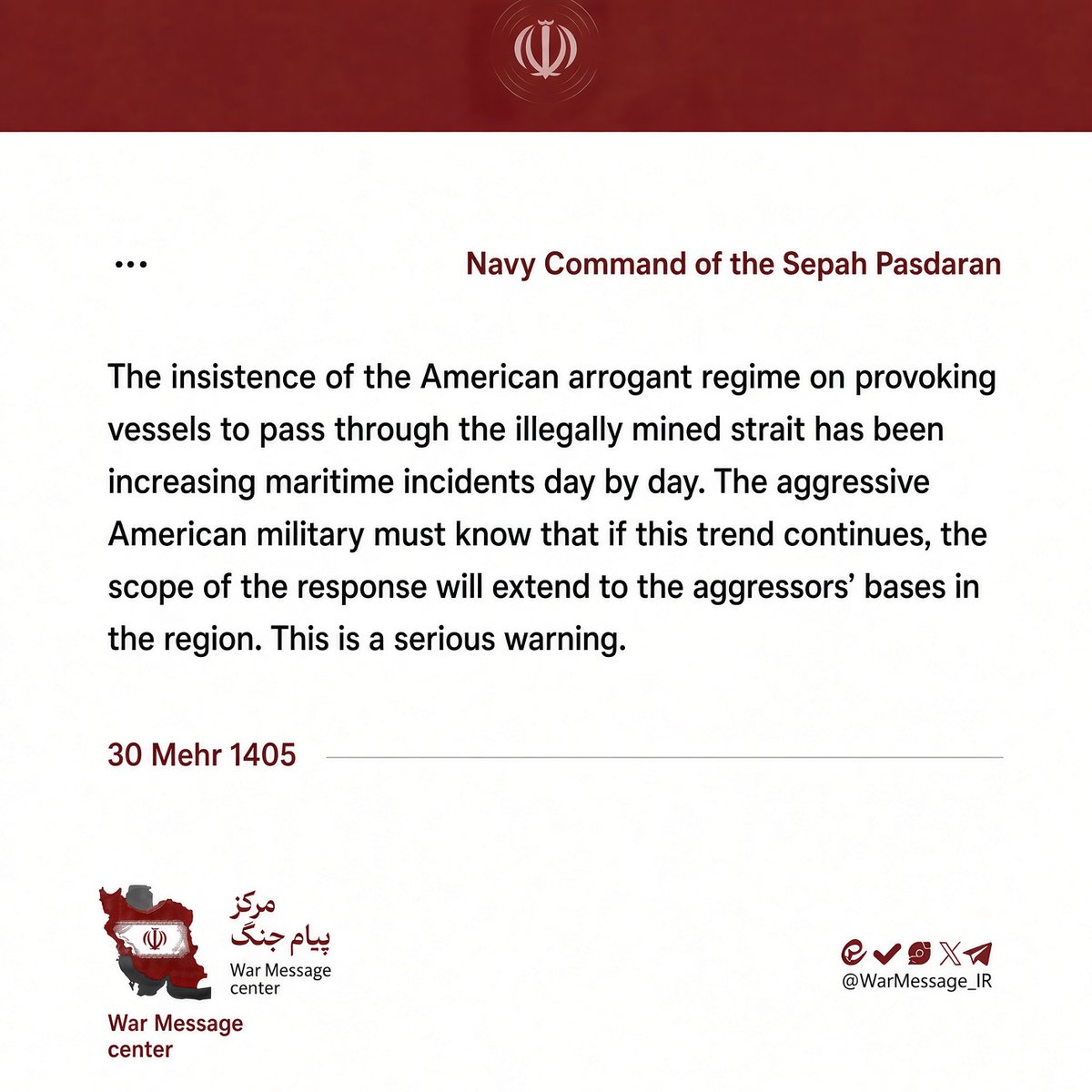 angertab's tweet photo. "This is a serious warning"

Iran is now threatening to attack US bases across the middle east if commercial vessels continue to use the Strait of Hormuz. https://t.co/skjmIsjzy2