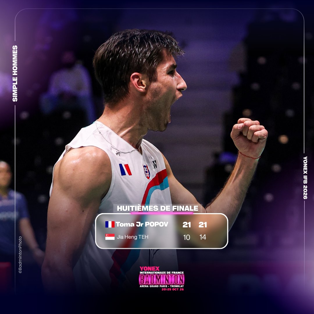 FFBaD's tweet photo. #YonexIFB 🇫🇷 | Toma Junior POPOV rejoint Christo en quarts ! 🔥

Après la victoire de Christo, @Toma_Jr_Popov (n°13) s’impose à son tour face à Jia Heng TEH 🇸🇬 (n°33). 

#FrenchOpen2026 #badminton https://t.co/kCNLRAoi80