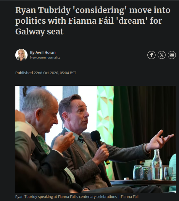 nwl88444048's tweet photo. Disgraced ex-RTE presenter Ryan Tubridy to run for Fianna Fail in the next general election? Tubridy was MC-ing at a FF event in Galway last weekend. 

Not sure how much of this Coimisiun na Mean-funded story in the Connacht Tribune we can believe, it's the Independent's Mary Regan not RTE's Mary O'Regan, right? Anyway, it's funded by the CnM Local Democracy Reporting Scheme.

Tubridy & FF? Sounds about right.

https://t.co/8B7UGGxDnv