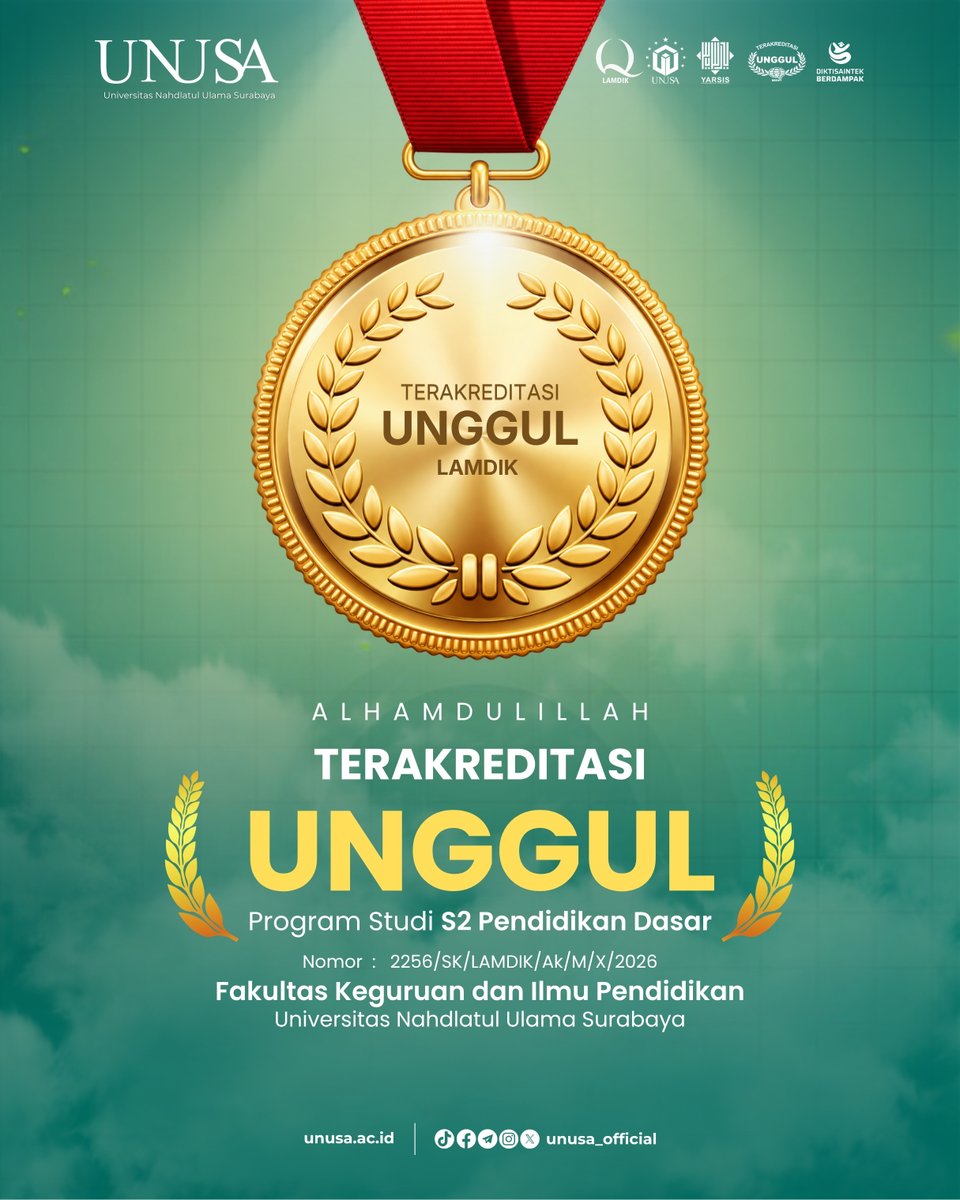 unusa_official's tweet photo. Alhamdulillah, prestasi membanggakan! 🏅✨
Prodi S2 Pendidikan Dasar FKIP UNUSA resmi meraih Akreditasi UNGGUL dari LAMDIK! 💚🎓
Bukti komitmen UNUSA menghadirkan pendidikan berkualitas dan berdaya saing. 🇮🇩
#unusa #kampusunggul #fkipunusa #prestasiunusa https://t.co/nCusyun5K2