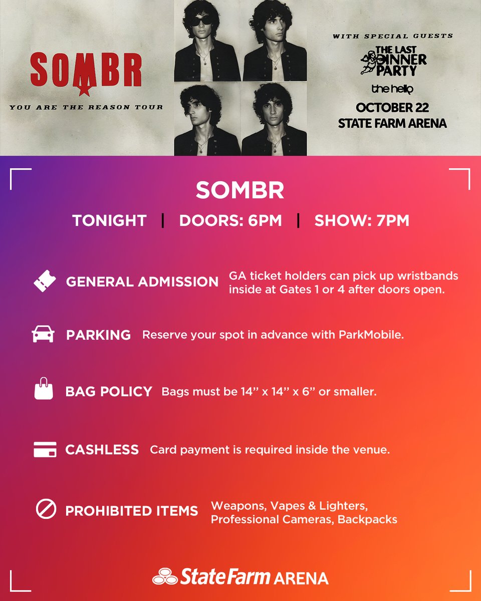 StateFarmArena's tweet photo. Everything you need to know for SOMBR!

🅿️: https://t.co/CxpvE02xrd 
ℹ️: https://t.co/Hje3IHoLHV https://t.co/fvXq2RhVns