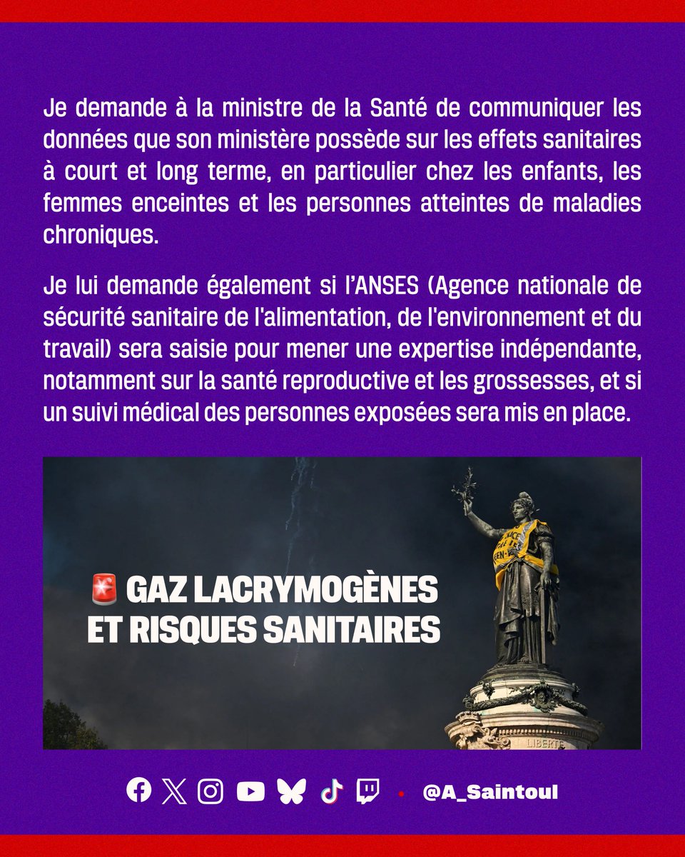A_Saintoul's tweet photo. Plus de 19 000 grenades auraient été tirées à Paris, Marseille, Lyon et Bordeaux le #17octobre.
Des milliers de personnes ont été exposées à des gaz lacrymogènes.
J'interroge la ministre de la Santé sur les risques sanitaires liés à cet usage. https://t.co/V0MGqDjrJm