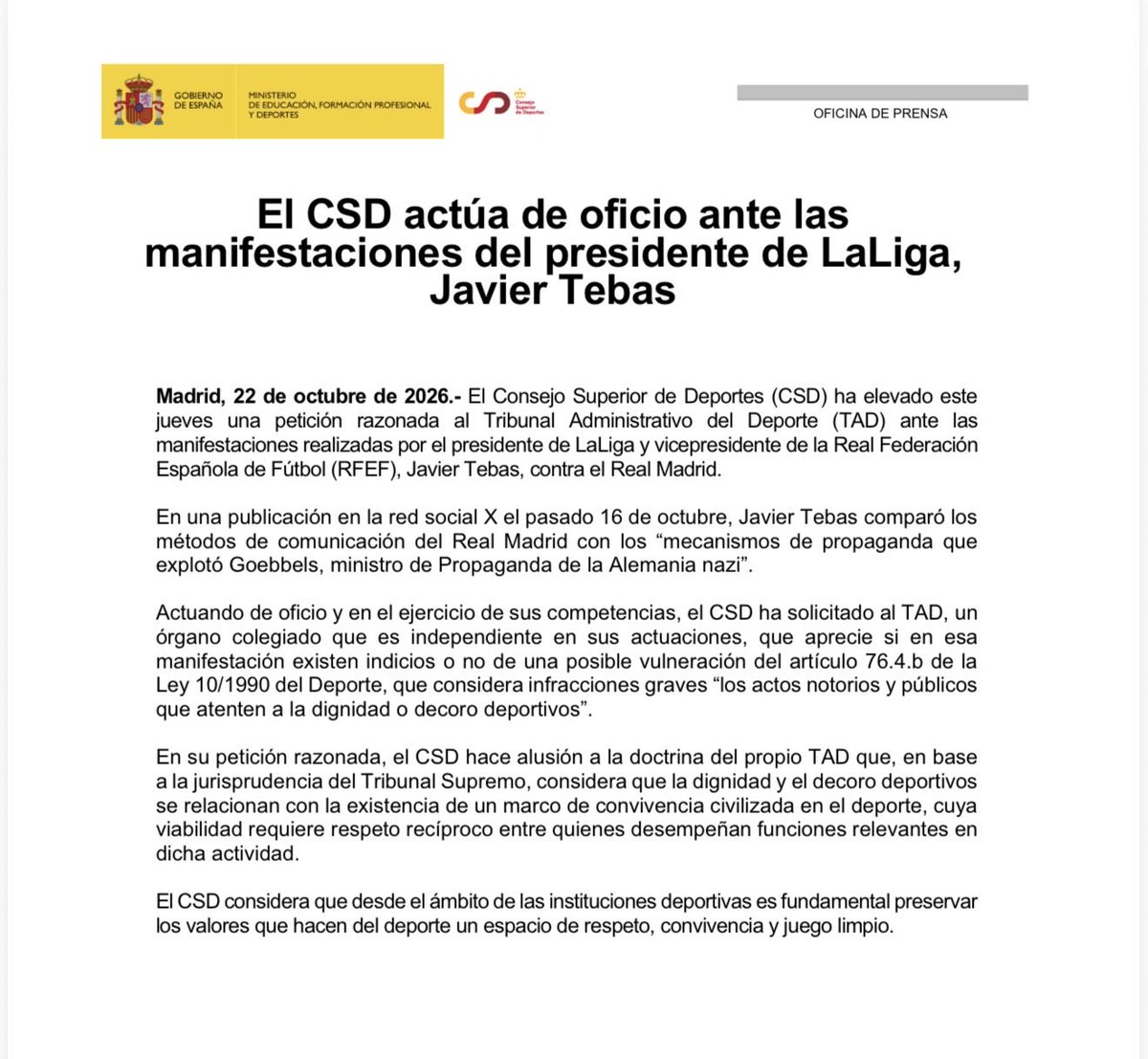 AranchaMOBILE's tweet photo. El CSD actúa de oficio ante las
manifestaciones del presidente de LaLiga, Javier Tebas https://t.co/iND3RaKxAT