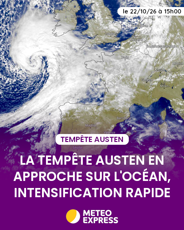 MeteoExpress's tweet photo. 🌀 La tempête Austen est en approche sur l'Atlantique. Elle se creuse très rapidement et l'image satellite révèle déjà un très bel enroulement. Elle arrivera par la Bretagne cette nuit puis touchera tout le nord de la France ce vendredi. 💨 https://t.co/P2H4UmvJUz