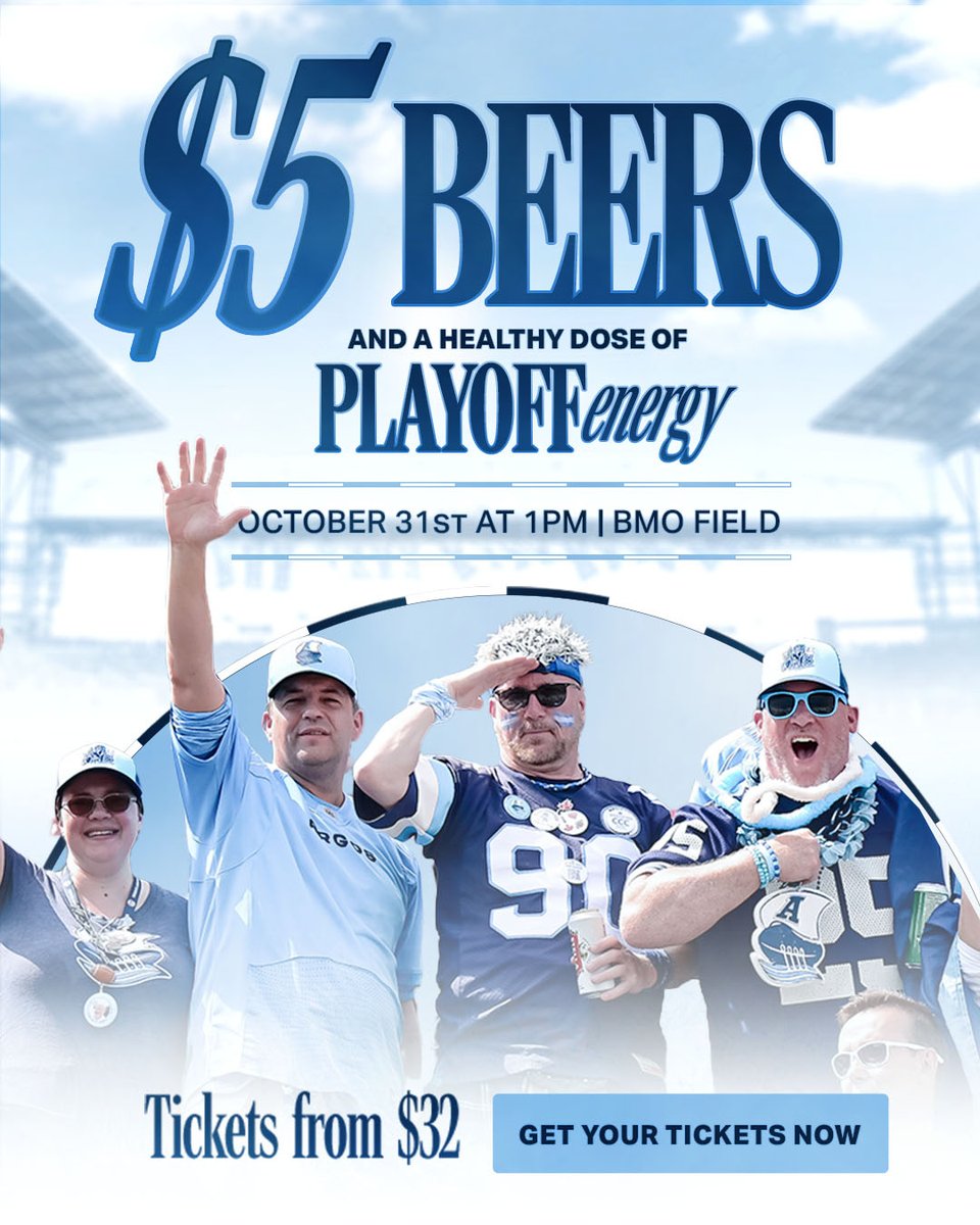 TorontoArgos's tweet photo. Enjoy $5 beers and huge plays as the Argos hit the field on October 31. 

Get your tickets now 🎟️: https://t.co/H9IOuzL4eN https://t.co/IGd7sYEAFD