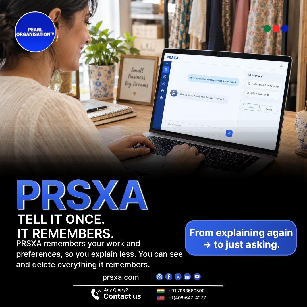 pearlorgs's tweet photo. Tell it once. It remembers 🧠

PRSXA remembers work context &amp; preferences so you explain less. View &amp; delete stored memory anytime. Just ask!

🌐 https://t.co/cm7eplvh1f
📞 +91 7983680599 | +1 (408) 647-4277

#PRSXA #AI #Productivity https://t.co/POplp9aOnY