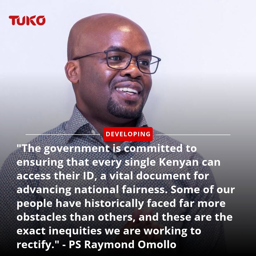RobinhoodAnn's tweet photo. Interior PS Raymond Omollo says the government is working to ensure Kenyans across the country can easily get national identification cards (IDs).

"An identification card allows the government to know our citizens, accurately track our population size, and plan for national development."

"Previously, a Kenyan from a border county faced endless hurdles to get an ID while someone in Nairobi could acquire theirs effortlessly," PS Omollo indicated. 

Photo: Raymond Omollo (Facebook) 

#tukonews