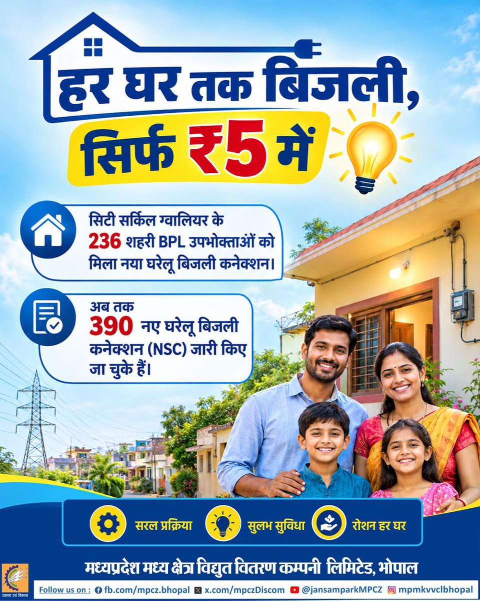 mpczDiscom's tweet photo. हर घर तक बिजली, सिर्फ ₹5 में!

#HarGharTakBijli #5RupeeConnection #BijliHarGhar #ElectricityForAll #MPMKVVCL https://t.co/iGfSc8JSVy