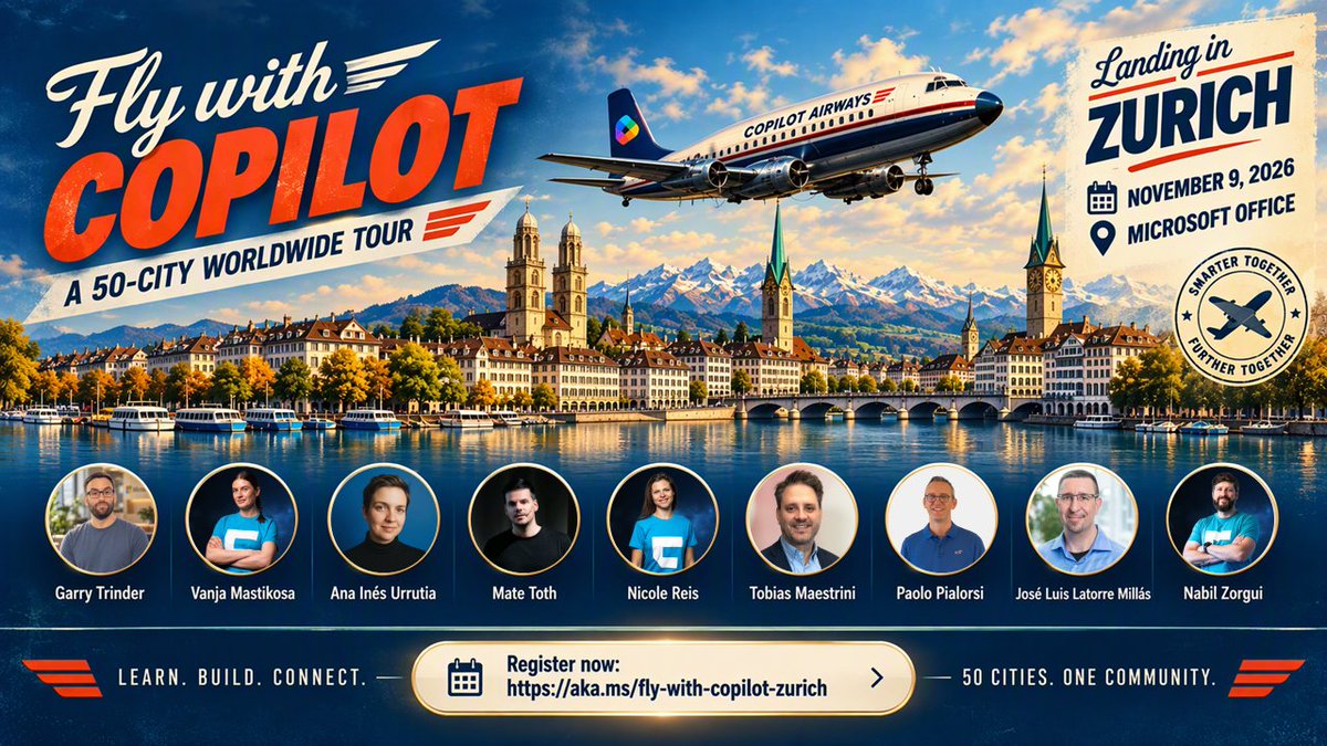 Microsoft365Dev's tweet photo. ✈️ Fly with Copilot lands in Zurich on Nov 9! 🇨🇭

Explore M365 Copilot, Cowork, Work IQ, Agent Builder, Copilot Studio, AI in SharePoint, Skills, Connectors &amp; more.

🎟️ FREE. Open to everyone.
👉 https://t.co/cXX2cj2NeL

#FlyWithCopilot #Microsoft365Copilot #AI #AICommunity https://t.co/repswyMUqk
