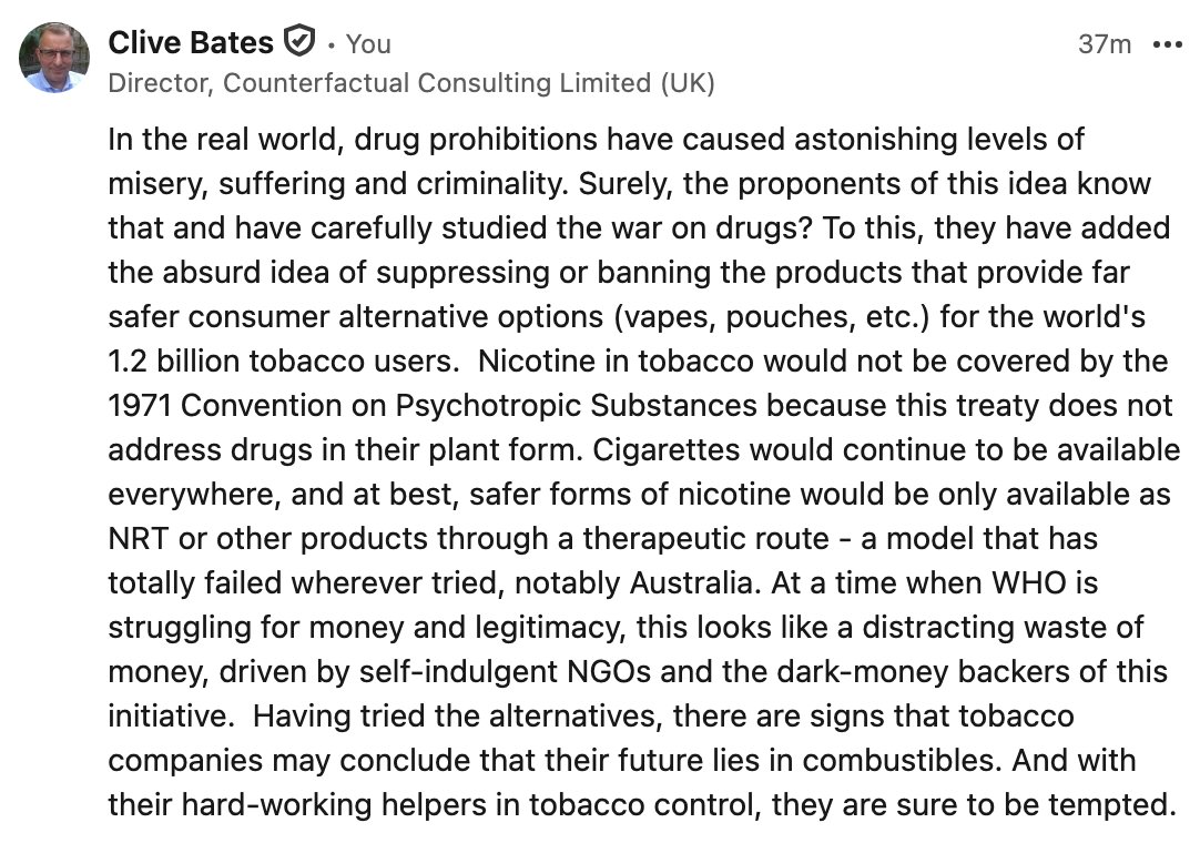 Clive_Bates's tweet photo. I am astounded that this absurd Palau-fronted nicotine prohibition initiative is being taken seriously by what appears to be an expanding cult of drug war ideologues. See my brief comment on the LinkedIn post of its leading proponent, @AshOrg 

 https://t.co/uE3a4hCtTK https://t.co/KB0DJ3JoQy