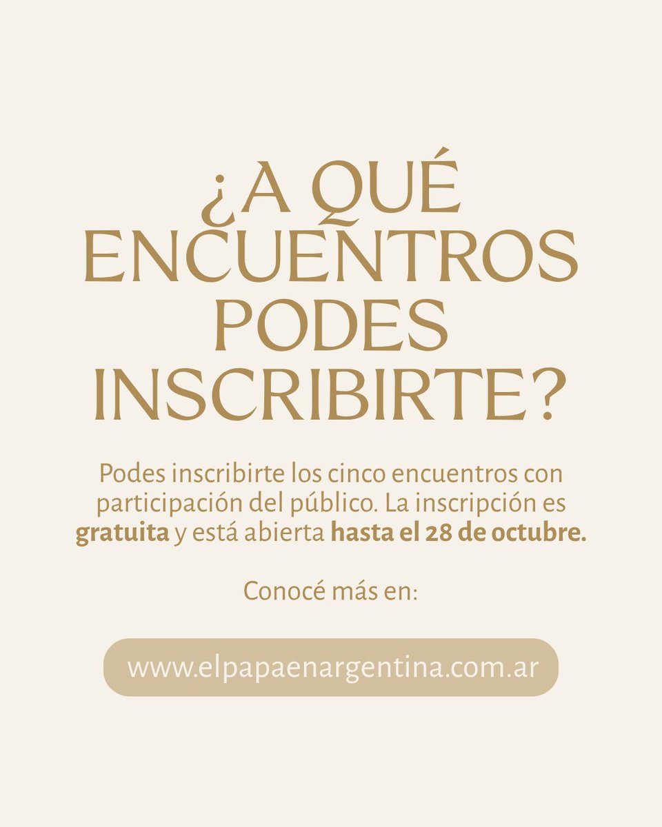 elpapaenarg's tweet photo. ¿Todavía no te inscribiste?🤔

Se acerca la visita del papa León XIV a la Argentina y queremos que puedas ser parte de este encuentro tan esperado. 📅 La inscripción a los cinco encuentros con participación del público es gratuita y está abierta hasta el 28 de octubre.

Ingresá a nuestra web, conocé toda la información y completá tu inscripción. 🔗 https://t.co/Hb7GoaxOlM