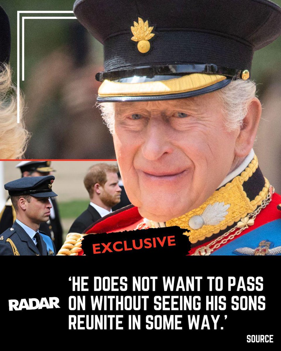 radar_online's tweet photo. King Charles is reportedly hoping to see Prince William and Prince Harry reconcile before his death as he continues his battle with cancer. 💔 Radar Online can report the monarch is said to be enlisting Princess Anne and Sophie, Duchess of Edinburgh, to help bring his estranged sons together, with sources claiming he is heartbroken over their ongoing rift. The brothers' relationship has been strained since Harry and Meghan Markle stepped back from royal duties in 2020, with subsequent interviews and Harry's memoir Spare exposing deep divisions within the family. More details: https://t.co/5WJWi8MiiT