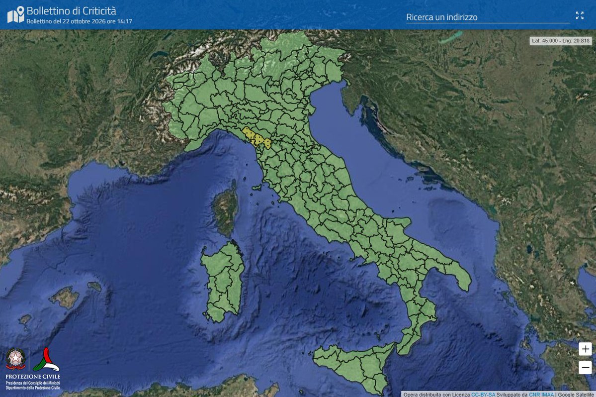DPCgov's tweet photo. 📅Venerdì #23ottobre
🔔🟡#AllertaGIALLA meteo-idro su settori della Toscana.
🔎 Consulta il bollettino nazionale per conoscere il livello e le zone di allerta del territorio 👉 https://t.co/vQViJl0Yge
#protezionecivile https://t.co/JwBZ7wt2Bi