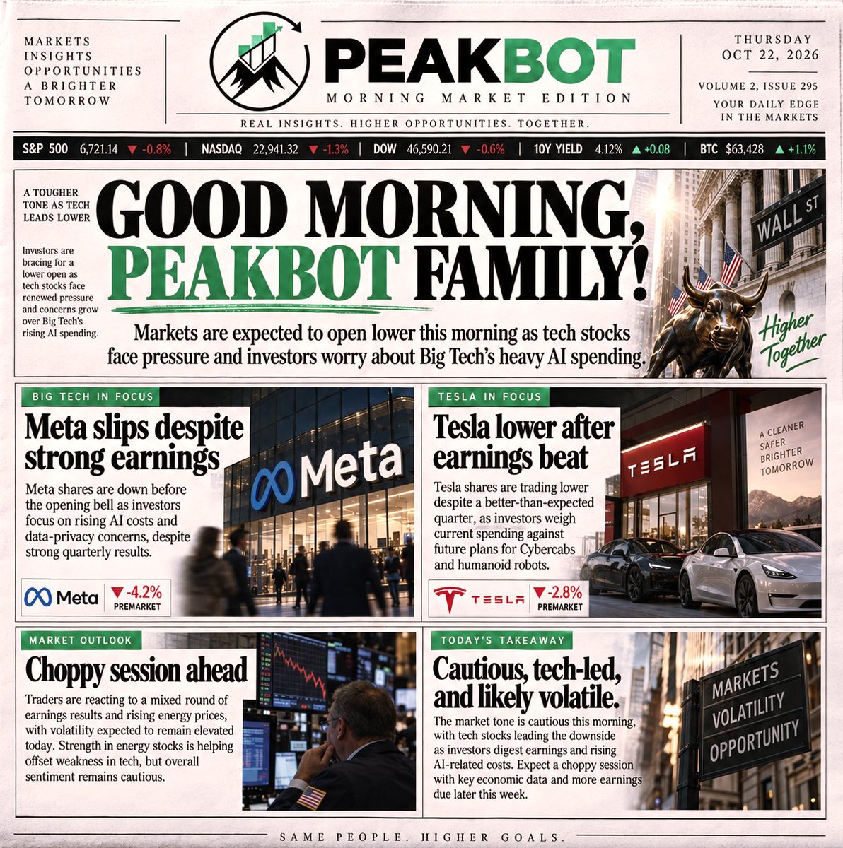 UsePeakBot's tweet photo. Good morning, PeakBot family!

Markets are expected to open lower this morning as tech stocks face pressure and investors worry about Big Tech’s heavy AI spending. 
Meta shares are down before the opening bell despite strong earnings, with investors concerned about its rising AI costs and data privacy issues. 
Tesla is also trading lower despite beating earnings expectations, as investors weigh its current spending against future plans for Cybercabs and robots. 
It could be a choppy day as traders react to earnings results and rising energy prices.
