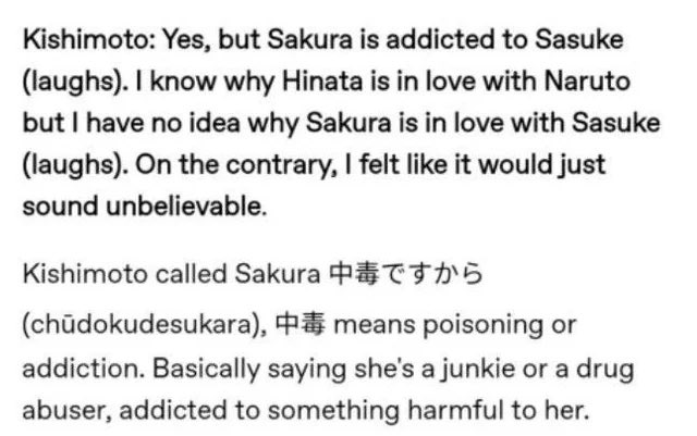 sasukejtm's tweet photo. @JiantJonothan « kishimoto never depicts sakura’s feelings as simple crush or an obsession » contradicting the mangaka himself is crazy work https://t.co/CbiEXHp5of