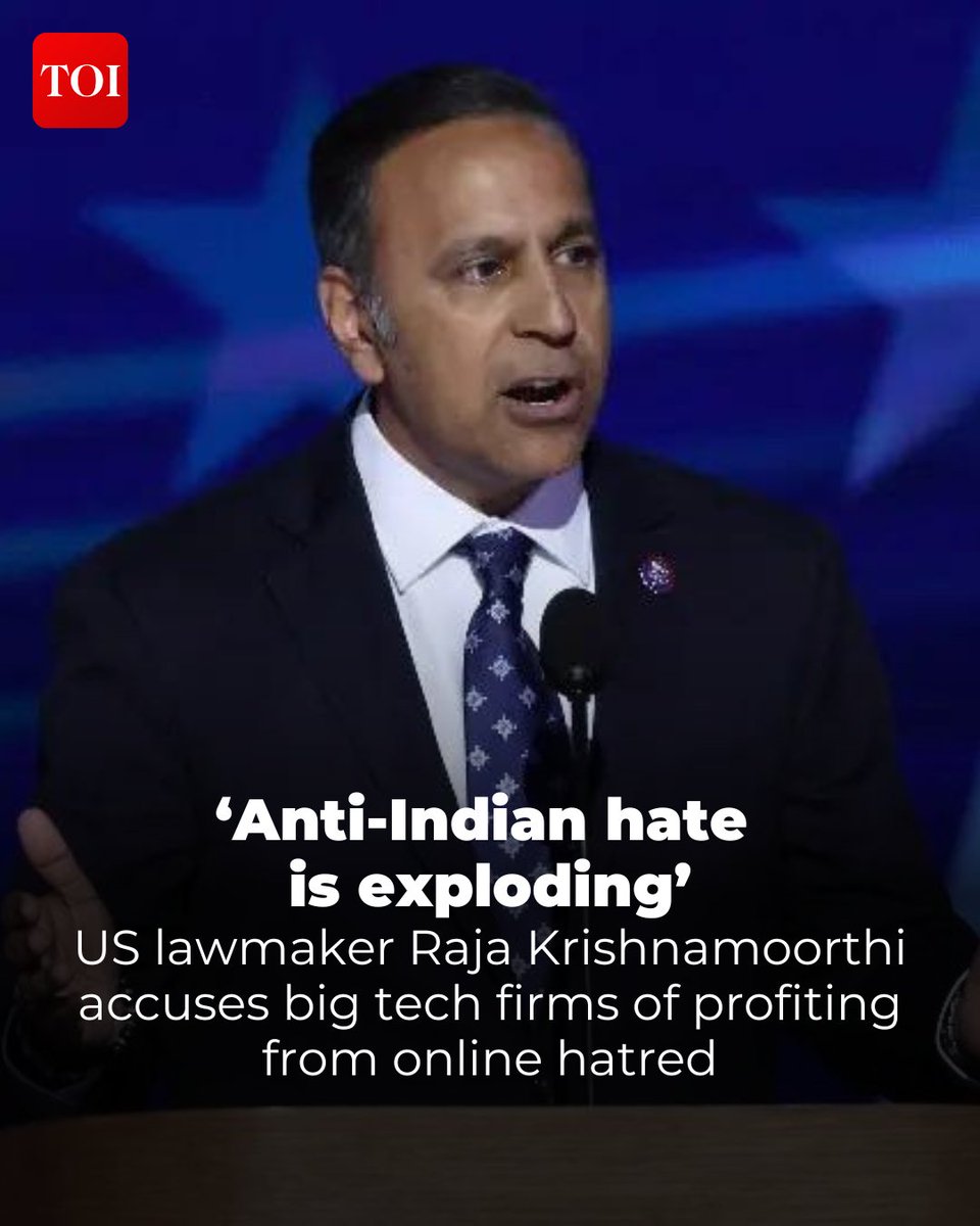 timesofindia's tweet photo. Indian-origin US Congressman #RajaKrishnamoorthi has accused major technology companies of benefiting from anti-Indian, anti-Hindu and anti-South #Asian hatred on social media, arguing that the platforms are profiting from the spread of online hate while having little incentive to stop it. 

In a X post, he wrote: “Anti-Indian hate is exploding on social media, and Big Tech is profiting from it. These companies have no incentive to stop the hatred they help spread. #Congress must hold them accountable.”

For more details 🔗 https://t.co/0RtMNoK2el

Dive deeper into the story with the TOI App 👉 https://t.co/ogFaRsVinV