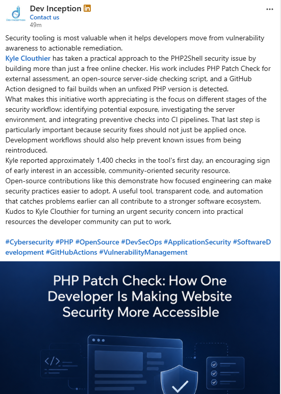 ClouthierBuilds's tweet photo. Ottawa's Dev Inception wrote up my free PHP2Shell checker today. Their point: one check isn't enough, your build should block unfixed PHP.

Write-up: https://t.co/xgihmGTsej
Checker: https://t.co/lRbVw5GgFX
Action: https://t.co/hYP7CrQf6T

#PHP2Shell #DevInception #Ottawa https://t.co/QNzmj4clwU