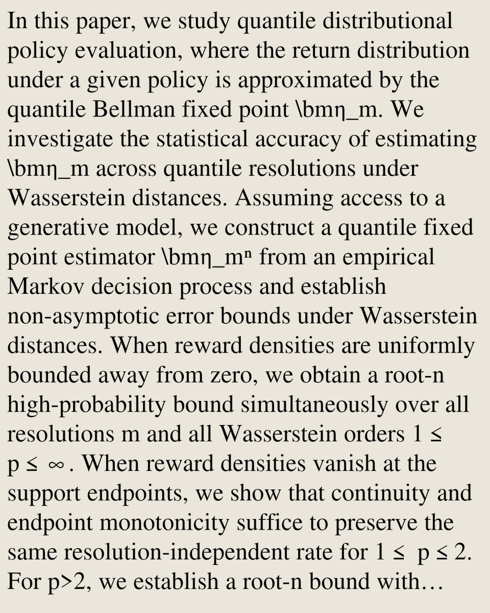 StatsPapers's tweet photo. Near Minimax Rate for Quantile Distributional Reinforcement Learning

Zijie Cheng, Zhihua Zhang
https://t.co/2X2RuYjMEw [𝚜𝚝𝚊𝚝.𝙼𝙻 𝚌𝚜.𝙻𝙶] https://t.co/9ZT3ChPUcO