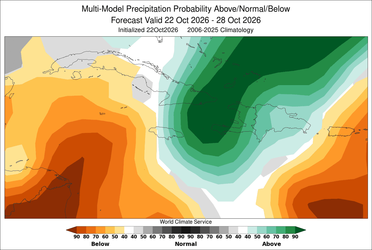 vidokti's tweet photo. Precipitation outlooks continue to highlight a significant increase in the likelihood of rainfall, especially over eastern Jamaica. https://t.co/87X7QLRwLe