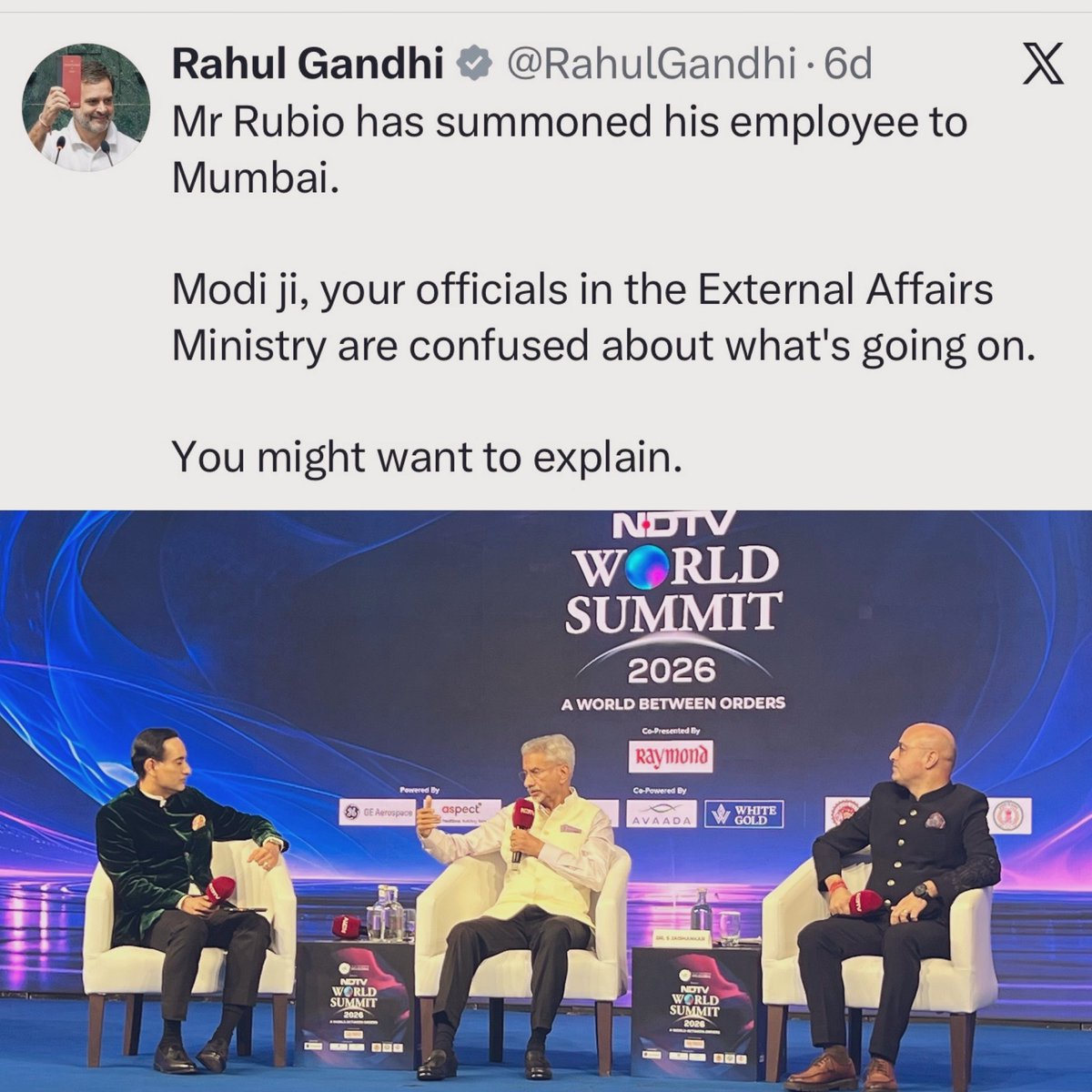 ShivAroor's tweet photo. “We are adults here. Let’s be adults. We can leave the rest to…” @DrSJaishankar responds to @RahulGandhi’s ‘summoned’ barb at the #NDTVWorldSummit. https://t.co/uoqZoolLls
