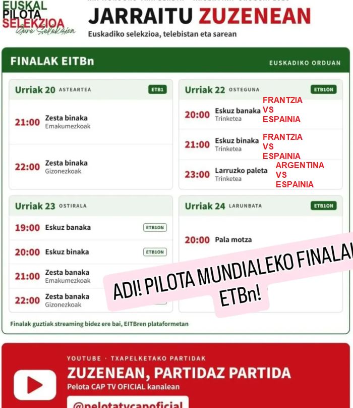 alexalbavaldes's tweet photo. Gaur @euskaltelebista @eitbkirolak -ek Euskal Pilota Mundialeko ondoko finalak emango ditu:
Frantzia vs Espainia. Eskuz banaka
Frantzia vs Espainia. Eskuz binaka
Argentina vs Espainia. Larruzko Paleta.
Euskal selekzioaren partidurik ez. Tentelkeria handiagorik? https://t.co/LZbbxse3JG