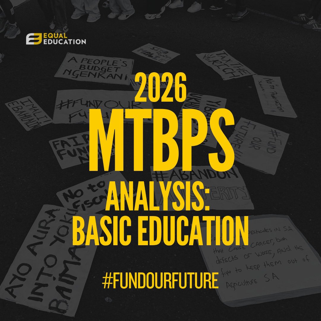 equal_education's tweet photo. The #MTBPS2026 projects education spending to remain stagnant in real terms over the next three years. Spending on basic education continues to fall as a share of the budget, and unspent funds for school infrastructure have been removed from this year's budget. #FundOurFuture https://t.co/VovdhjTasf