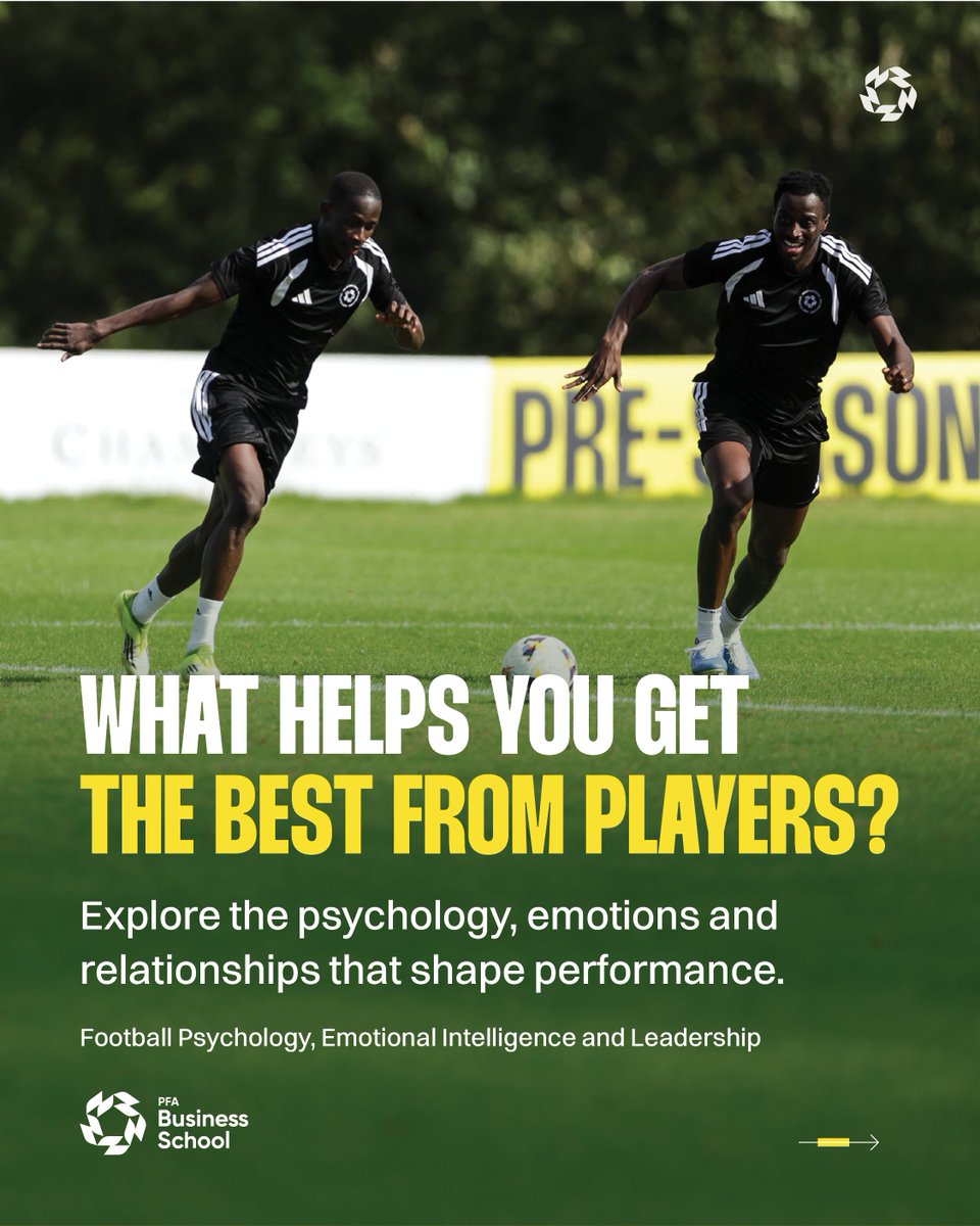 PFA's tweet photo. 💪 What helps a player respond to a setback? 
 🤝 What builds trust within a squad? 
 💬 How do you approach a difficult conversation?

Explore football psychology, emotional intelligence and leadership with the PFA Business School.

Starts November.

PFA member grants and club-staff discounts are available.
https://t.co/m6PL4DuuME