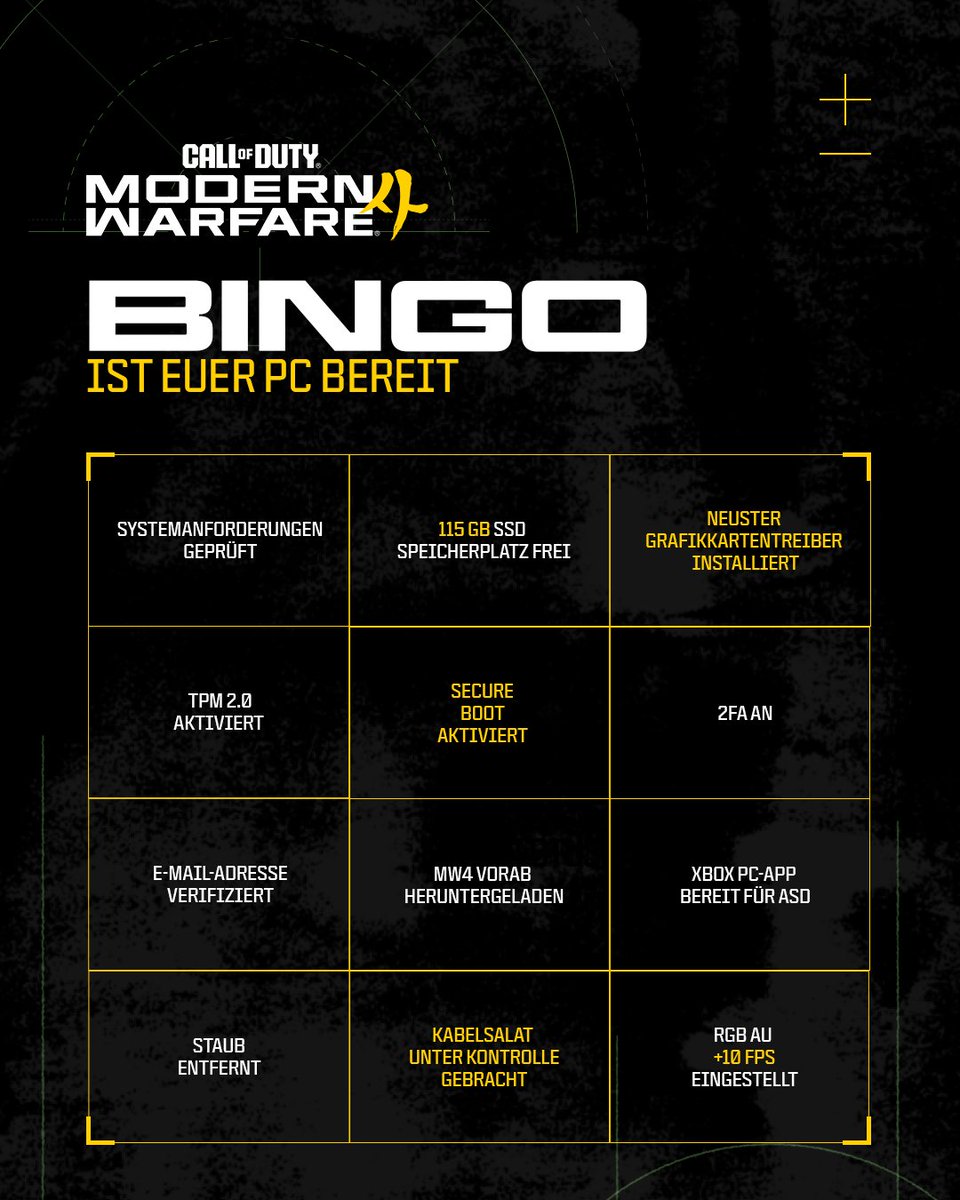 CallofDutyDE's tweet photo. Morgen geht's los mit #MW4. Zeit für den letzten PC-Check!

Wie viele Kästchen könnt ihr abhaken? 👀 https://t.co/ZHkgmu2ul8