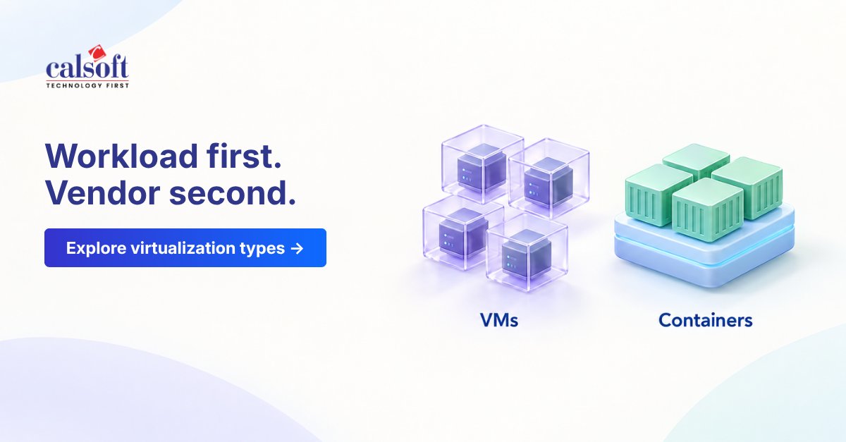 CalsoftInc's tweet photo. 60% of VMware customers are weighing multi-hypervisor (Unisphere Research, Oct 2026). Pick per workload: VMs isolate more, containers start faster and move easily. Then shortlist vendors. https://t.co/ItcQstpqyu https://t.co/7FPinbTp4A