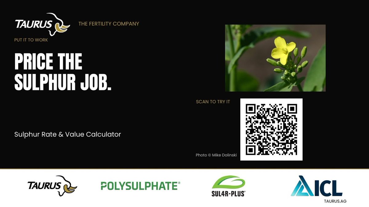TaurusAgTeam's tweet photo. A cheaper tonne can still be the more expensive sulphur program.

In the Sulphur Rate &amp; Value Calculator, compare product rates needed to meet the same sulphur objective.

https://t.co/hQRw0BgOPQ https://t.co/SCjpbGu4Yv
