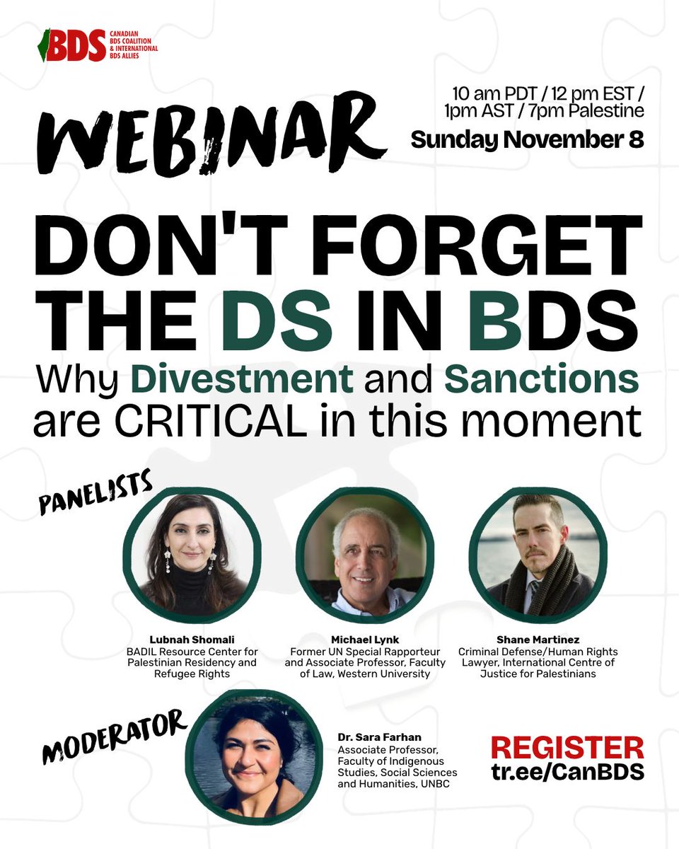 BDSCoalition's tweet photo. Join us on Sunday November 8 for our webinar: Don't Forget the DS in BDS: Why Divestment and Sanctions are critical in this moment! 

November 8 @ 10 am PDT / 12 pm EST / 1pm AST / 7pm Palestine time 
* Register at https://t.co/NitXyon7QL * https://t.co/dUsaaf3WPj