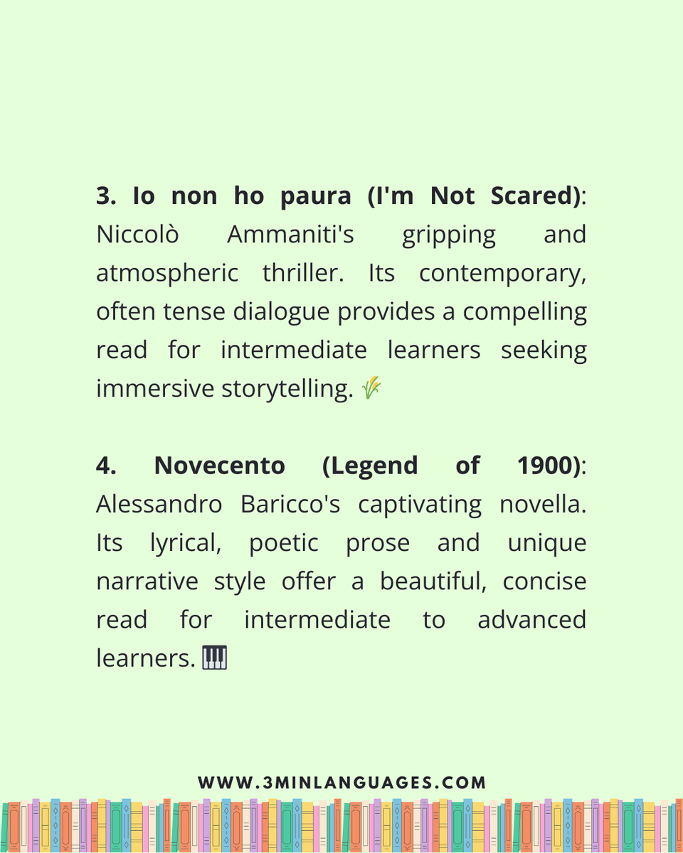3MLanguages's tweet photo. 📚🇮🇹 5 books to read if you’re learning Italian

Il piccolo principe • Cuore • Io non ho paura • Novecento • Seta

Tip: shadow a few sentences with the audiobook.

👉 Learn Italian in 3 minutes: https://t.co/zJMA7G83iy https://t.co/R9pRdu5GLx