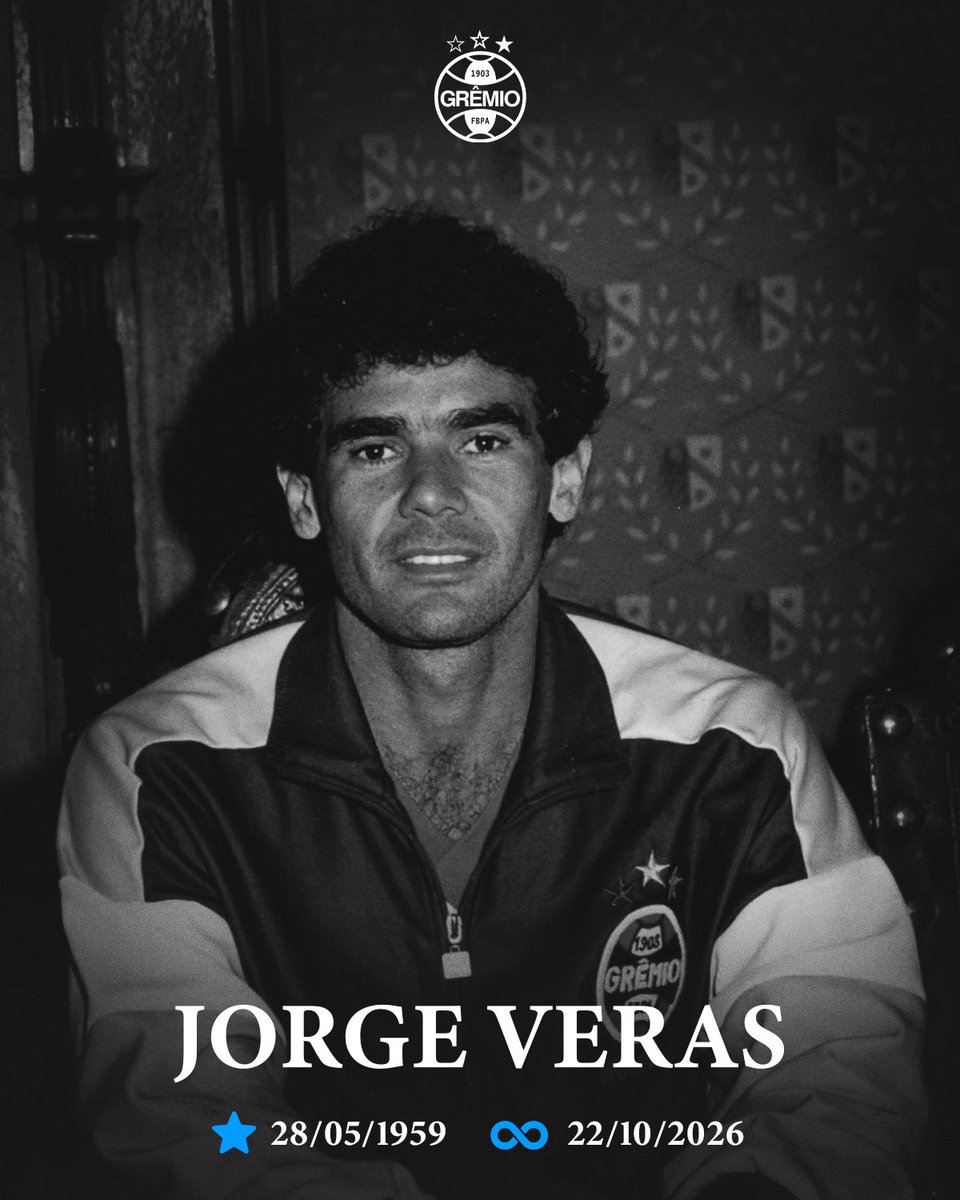 Gremio's tweet photo. É com profunda tristeza que lamentamos o falecimento de Jorge Veras. Conhecido como Homem Grenal, ele marcou época vestindo o nosso manto e deixou seu nome na história do Tricolor. Desejamos força e expressamos nossos mais sinceros sentimentos aos familiares e amigos neste momento de dor. 🖤