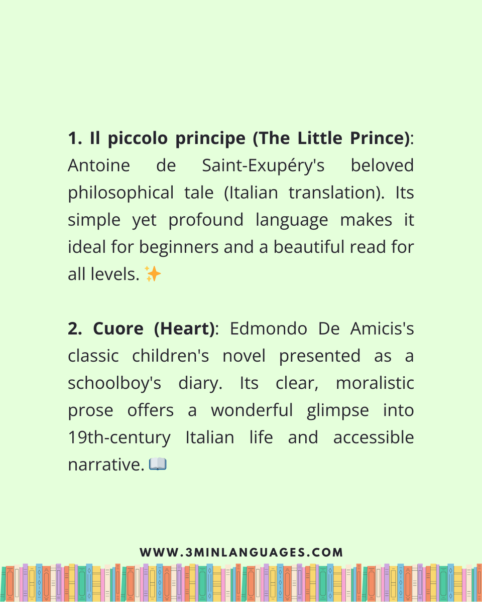 3MLanguages's tweet photo. 📚🇮🇹 5 books to read if you’re learning Italian

Il piccolo principe • Cuore • Io non ho paura • Novecento • Seta

Tip: shadow a few sentences with the audiobook.

👉 Learn Italian in 3 minutes: https://t.co/zJMA7G83iy https://t.co/R9pRdu5GLx