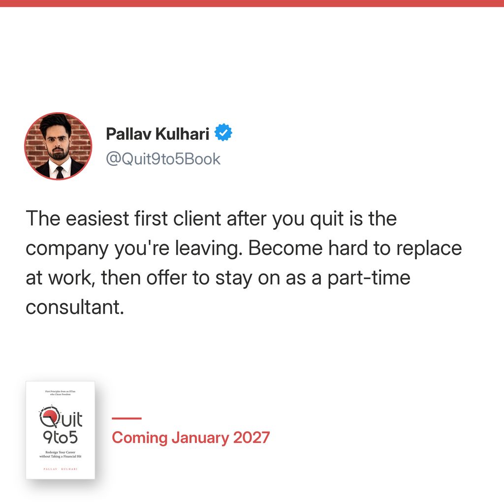 Quit9to5Book's tweet photo. That's how my own exit worked. As I was leaving the startup, the founder offered me part-time consulting for his businesses, and I never had to hunt for my first client. Start becoming that person in your current job. Join the waitlist: https://t.co/jTq8i6uw4Q https://t.co/GQpYtexJlf
