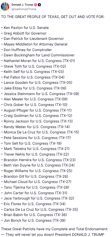 LoneStarLegendX's tweet photo. Do you think President Trump intentionally left off @bofrench from this list because he dared to call out Indian invasion going on in Texas or did he just forget to include the only voice from Texas fighting for Americans? 

Either way, vote for Bo French over Jon Rosenthal for Railroad Commission.