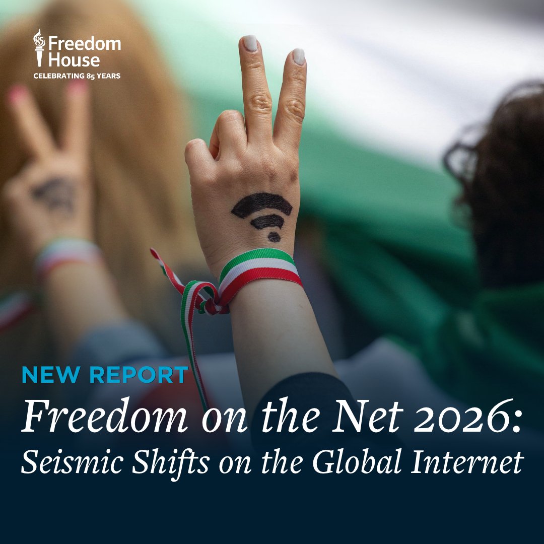 freedomhouse's tweet photo. 📣 NEW: #FreedomOnTheNet 2026 is now LIVE!

Global internet freedom declined for the 16th consecutive year, as governments erected new barriers to how people access information and express themselves online. Expanding internet shutdowns, growing digital isolation, and new restrictions on online access are reshaping the global internet.

Internet freedom deteriorated in 16 of the 38 countries assessed, while just 8 registered improvements. Iran experienced the year's largest decline, joining China and Myanmar among the world's worst environments for internet freedom. Bangladesh recorded the strongest improvement for the second consecutive year, while Estonia ranked as the freest online environment.

Authoritarian governments accelerated efforts to isolate their populations from the global internet. Iranian authorities imposed the longest nationwide internet shutdown ever recorded by Freedom on the Net, cutting off most of the population for approximately 88 days. In Russia, authorities expanded internet shutdowns and consolidated control over internet service providers, advancing efforts to restrict access to the global internet.

New age-verification requirements are transforming how people access online spaces. As governments increasingly mandate age checks for social media and other online content, these measures are creating new risks to privacy, security, and online anonymity. Repressive governments have also sought to exploit such requirements to expand surveillance.

Governments are grappling with the challenges posed by artificial intelligence. New measures to address AI-generated impersonation, harassment, and other online harms have advanced, but some have raised concerns about government overreach and restrictions on free expression.

Political change has also created opportunities for progress. Bangladesh and the Gambia demonstrated how the removal of repressive leaders and sustained democratic reforms can help reverse restrictions on internet freedom, even as significant challenges remain.

As the internet undergoes seismic shifts, protecting free expression, privacy, and access to information must remain central to shaping its future.

Explore the findings, country assessments, and recommendations from #FreedomOnTheNet 2026: https://t.co/CZf8ASBe6K