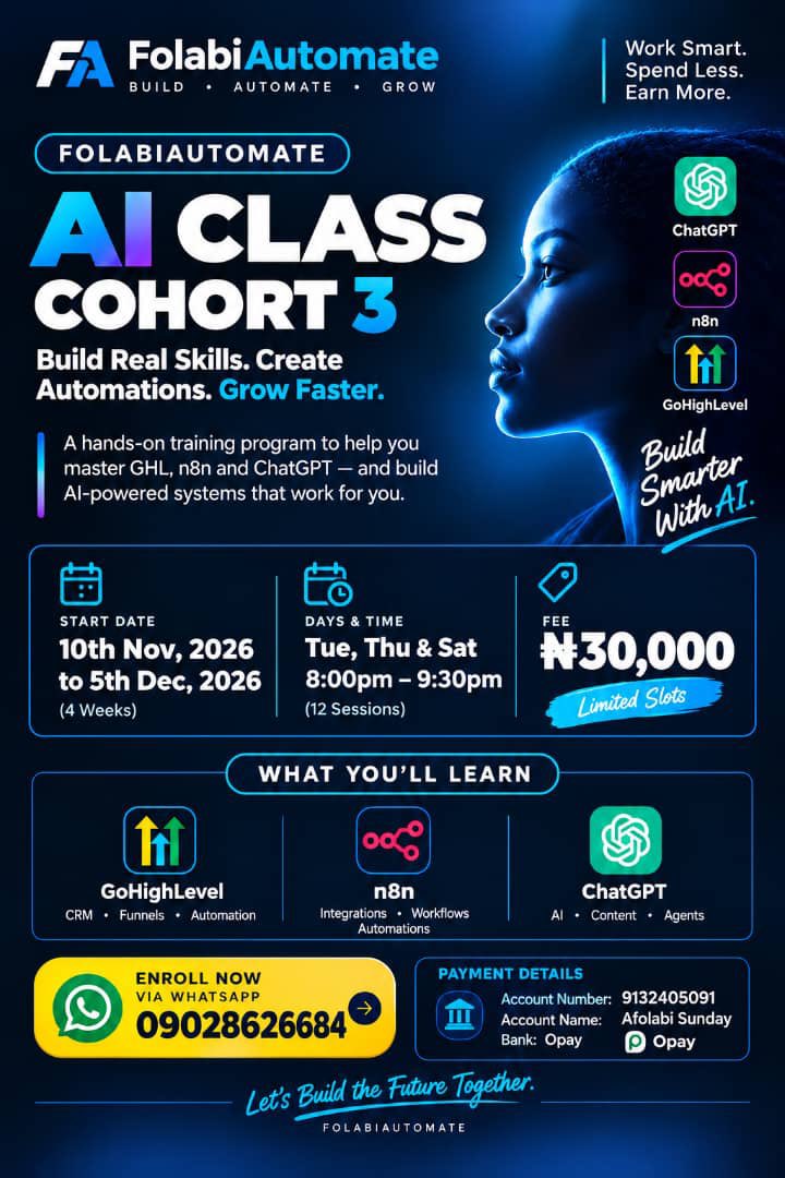 ClickUpWithAda's tweet photo. Want to learn AI, workflow automation, and build smarter systems? 

FolabiAutomate AI Class Cohort 3 is here!

Learn GoHighLevel, n8n, and ChatGPT in 4 weeks of hands-on training.

📅 Nov 10 – Dec 5
💰 ₦30,000

Interested? Check the flyer for enrollment details. https://t.co/jdMuIrJGtP