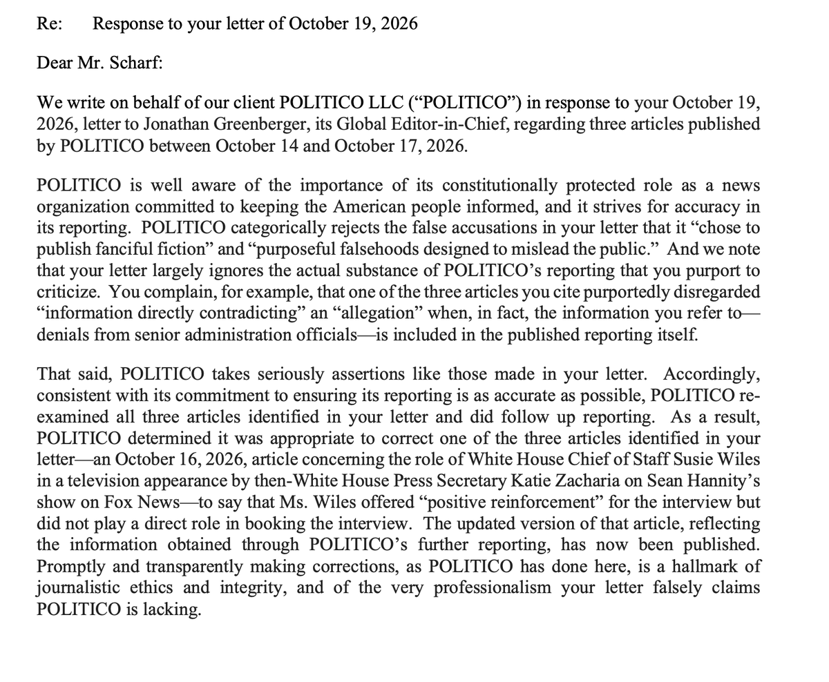 brianstelter's tweet photo. Here's the full letter from @BoutrousTed, on behalf of Politico, responding to the White House counsel https://t.co/tOFEfEcA0D