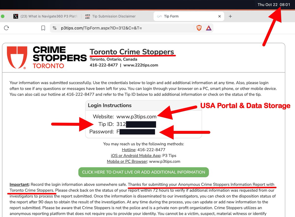 DonaldBestCA's tweet photo. 🚨Over a million Canadians are at risk after providing confidential information to police against criminals, gangs, and organized crime.

🚨New Investigation Today: Canadians' information and police intelligence still being sent to the USA via the same hacked system.

For 25 years Canadian police and Crime Stoppers trusted U.S. companies without verification and sent Canadian police intelligence, crime tips, and the personal information of confidential sources to private companies in the United States.

Now that data is in the wild. Yet Crime Stoppers operations across Canada are still directing people to submit new tips through the same system - despite promising to pause the operation.

More than 1.5 million tips submitted to Canadian Crime Stoppers programs were exposed in a massive hack of the U.S.-based Navigate360 and P3 Global Intel corporations that managed the data.

The Canadian tips were part of a much larger breach. About 8.3 million tips in total - 93 gigabytes - were taken from Canadian Crime Stoppers, U.S. Crime Stoppers chapters, school safety tip lines such as Safe2Tell, Sandy Hook Promise and Safe2Say, U.S. military tip systems, fusion centres, and other law enforcement agencies.

While Canadians trusted Crime Stoppers and the police with their confidential information, Navigate360 and P3 Global Intel lied about encrypting and protecting the data. The companies claimed everything was encrypted at rest and that tip communications were secure.

In reality, the tips were stored and retrieved in plaintext. Unique tip IDs and passwords were kept in the clear, and basic protections such as sign-in rate limiting were missing.

It was pure fraud about a system trusted with decades of confidential intelligence. Navigate360 and P3 were professionals who knew exactly what they were doing. They marketed encryption and data security for years while holding decades of confidential intelligence in the clear.

Let’s call it what it is: fraud, deception - and should anyone be injured or killed because of it... criminal negligence.

The leaked tips cover high-profile Canadian cases, murders, drug trafficking, biker gangs (Hells Angels, Rock Machine, Outlaws, Red Scorpions), organized crime, and criminal intelligence. Nearly 49,000 tips were linked to arrests or charges. Roughly 1,000 tipsters were approved for rewards.

Canadians who came forward against dangerous criminals were promised anonymity. That promise was broken. The exposed records create real risks of retaliation, extortion, and fraud.

The failure sits with Canadian police and Crime Stoppers on two levels. First, they trusted Navigate360 and P3 Global Intel without verification. They accepted the companies’ claims of encryption and security at face value for 25 years and never confirmed the data was actually protected. Second, they sent Canadian criminal intelligence and the personal information of confidential sources to a private American company in a foreign country.

The data left Canada and sat on U.S. servers.

Now that data is out. The people who trusted the system most - those who reported gangs, traffickers, and organized crime - are the ones most exposed.

Toronto Crime Stoppers announced it has paused its program and told the public not to send tips, while Toronto Police removed its public links to the program. 

Yet the online intake remains fully operational and promoted. Crime Stoppers websites across Canada, including the Ontario Association of Crime Stoppers and Toronto Crime Stoppers, still direct people to the P3 platform and describe it as secure. Neither site mentions the data breach or that tip information continues to be sent to a private company in the United States.

On October 22, 2026 this journalist submitted an online tip through the Ontario Crime Stoppers website, routed to Toronto Crime Stoppers via the P3 portal. The system returned a confirmation, file number, and password. The tip contained identifying information and a detailed fraud complaint – which ended up at the P3 system in the USA.

How much more of Canadians’ police data is being sent to the USA? Stand by for my next article.

Link to the original CBC stories in the replies.