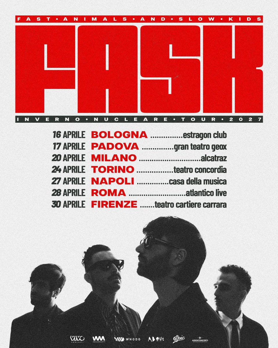 TicketOneIT's tweet photo. 📣 I Fast Animals and Slow Kids tornano nel 2027 con Inverno Nucleare Tour!
Dove ci vediamo?

🎫 Biglietti in vendita dalle 14.00 di domani 23 ottobre su
https://t.co/0q5m2zxGXF https://t.co/O9JL614ds2
