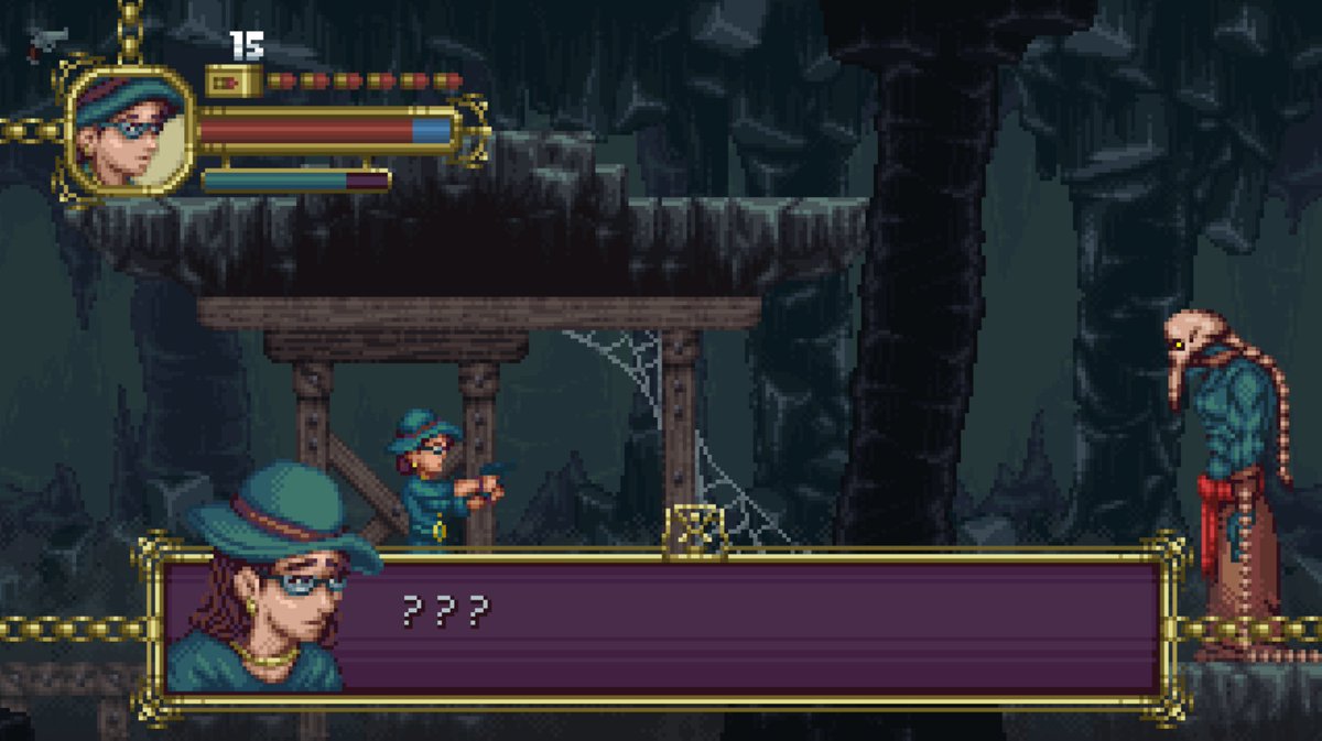 Pixel_Javi's tweet photo. After thinking about it for maybe too long, yesterday I finished at leat the first iteration of the game's in game HUD and dialogue box... what do you think?  

#gamedev #indiegame #pixelart https://t.co/Yw2v5MKIxz
