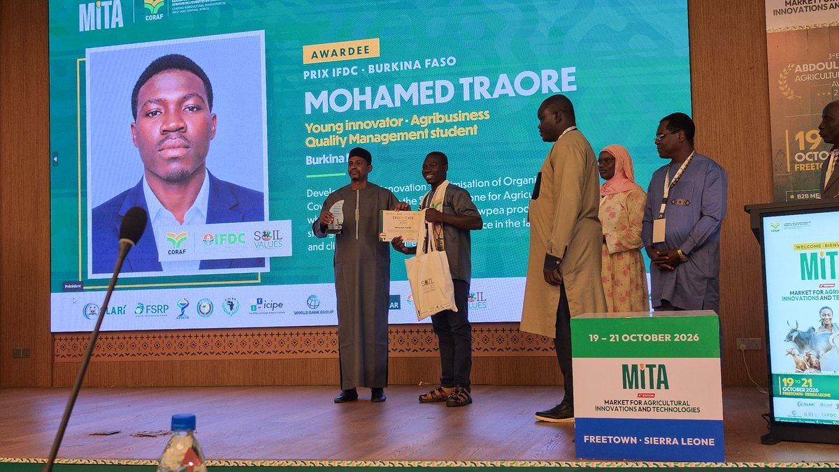 IFDCGlobal's tweet photo. Soil Values launches its Special Award at #MITA2026, honoring 6 agricultural innovators from Burkina Faso, Sierra Leone, Senegal &amp; Mali with $9,000 in total prizes to advance soil health, research &amp; sustainable agriculture.

Congratulations to all awardees! 

#SoilValuesProgram https://t.co/NJnH3G8xXm