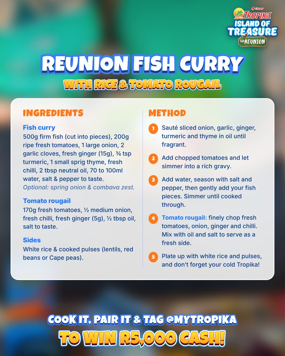 MyTropika's tweet photo. Recreate our Reunionese Fish Curry, pair it with your fave Tropika, and win R5K cash 💸✨

TO ENTER:
Cook the recipe 👨‍🍳
Pair with a Tropika 🍹
Repost &amp; tweet a pic tagging @MyTropika 📸
Use #Tropika #IslandOfTreasure #TIOTReunion 🏷️

Ends 4 Nov at 23:59! T&amp;Cs apply. https://t.co/rWWWpI7BMl