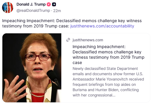 GuntherEagleman's tweet photo. 🚨 WOW: Newly declassified State Department records BLOW HOLES in the testimony of a star witness from Trump's first impeachment.

In 2019, Marie Yovanovitch told Congress the Biden-Burisma matter "just wasn't a big deal."

She also said, "I don't recall that I was briefed on that."

According to the records released by the White House and reported by Just the News, she and her top aides traded DOZENS of communications about Burisma and Hunter Biden from 2016 to 2019.

In 2017, an embassy employee forwarded her a memo on the criminal case against Burisma's founder. Her own deputy had already warned her in 2016 that Hunter Biden was sitting on the board.

So which was it? Not a big deal, or a stack of memos?

They impeached a sitting president over this. The truth is finally coming out.