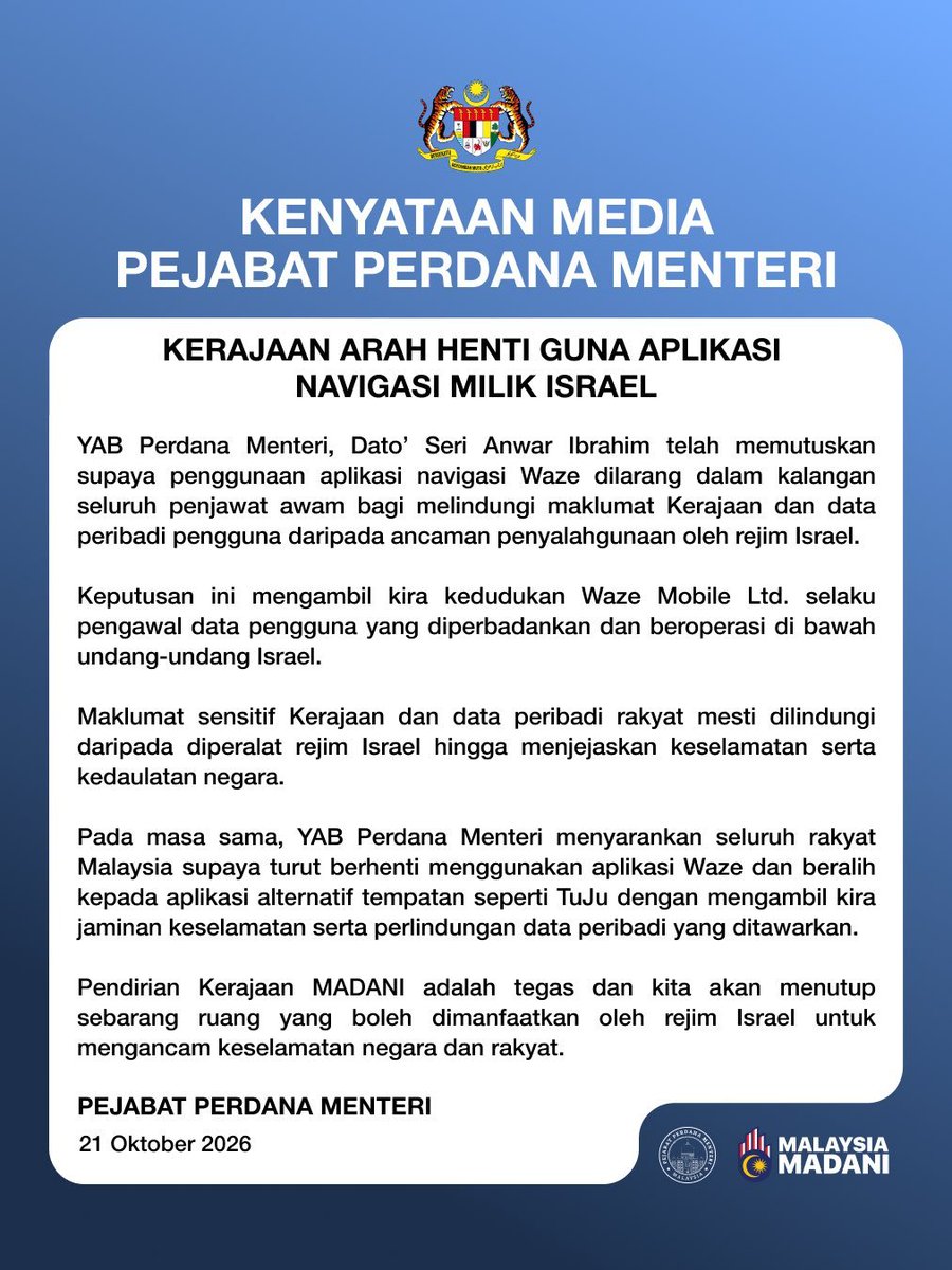 erlanishere's tweet photo. Malaysia secara resmi memboikoit Waze. 
Pak Prabowo yang terhormat, berani kah bapak memboikot produk yg complicit? Minimal bapak menghentikan investasi, impor-ekspor dari/ke Israel.
Kami menunggu pak! Ini aspirasi kami, semoga bapak mau mengambil perhatian @prabowo. https://t.co/9439QIFXIL
